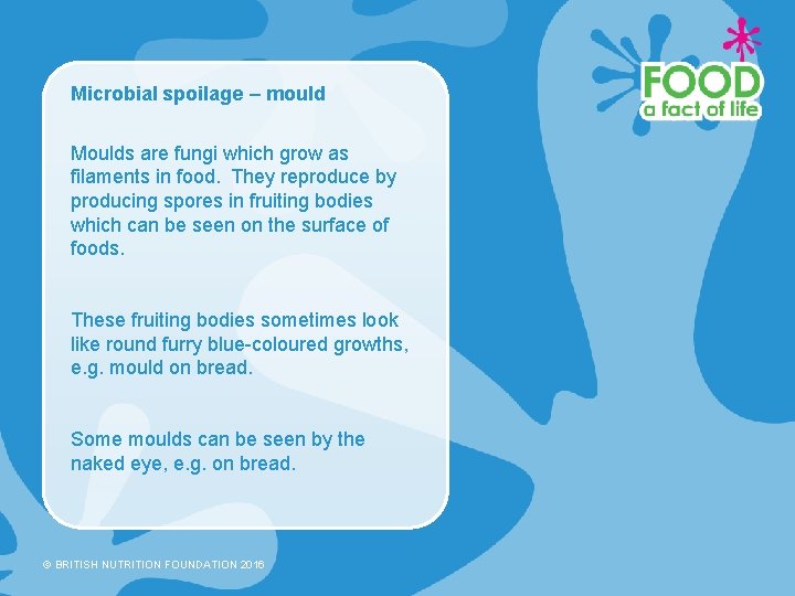 Microbial spoilage – mould Moulds are fungi which grow as filaments in food. They