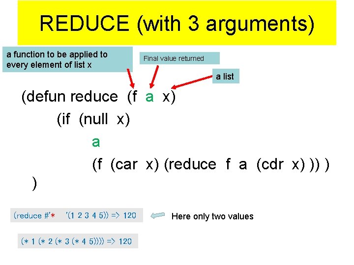 REDUCE (with 3 arguments) a function to be applied to every element of list