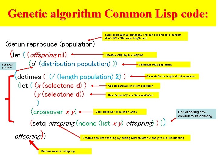 Genetic algorithm Common Lisp code: Takes population as argument. This can be some list