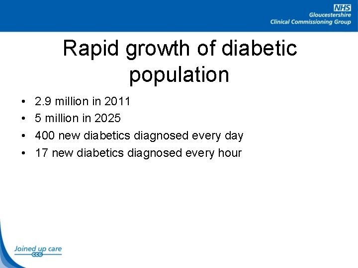 Rapid growth of diabetic population • • 2. 9 million in 2011 5 million