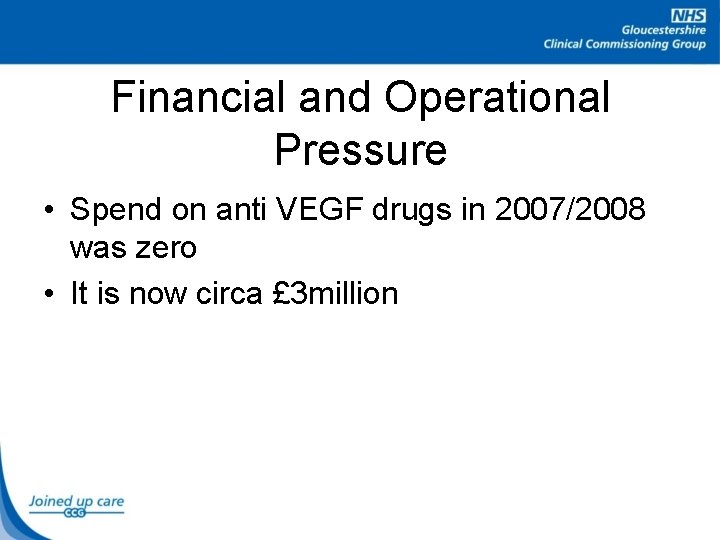 Financial and Operational Pressure • Spend on anti VEGF drugs in 2007/2008 was zero