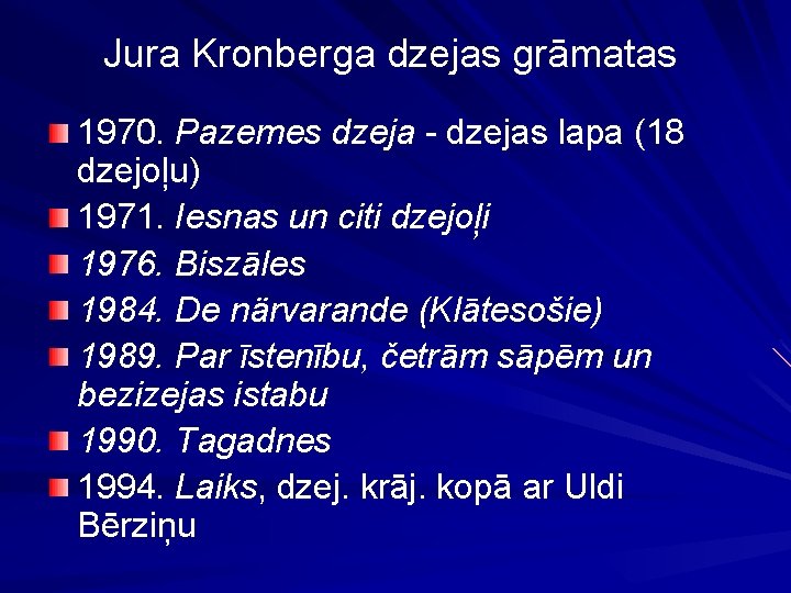 Jura Kronberga dzejas grāmatas 1970. Pazemes dzeja - dzejas lapa (18 dzejoļu) 1971. Iesnas