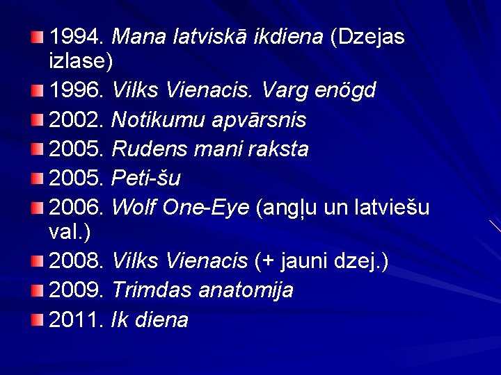 1994. Mana latviskā ikdiena (Dzejas izlase) 1996. Vilks Vienacis. Varg enögd 2002. Notikumu apvārsnis