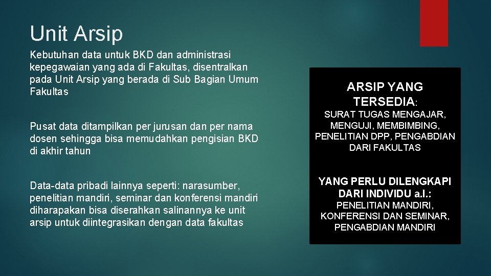 Unit Arsip Kebutuhan data untuk BKD dan administrasi kepegawaian yang ada di Fakultas, disentralkan