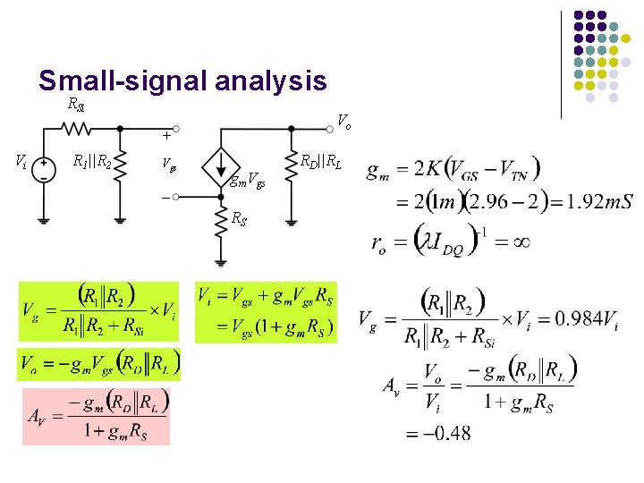 Small-signal analysis RSi Vo + Vi R 1||R 2 Vgs _ gm. Vgs RS