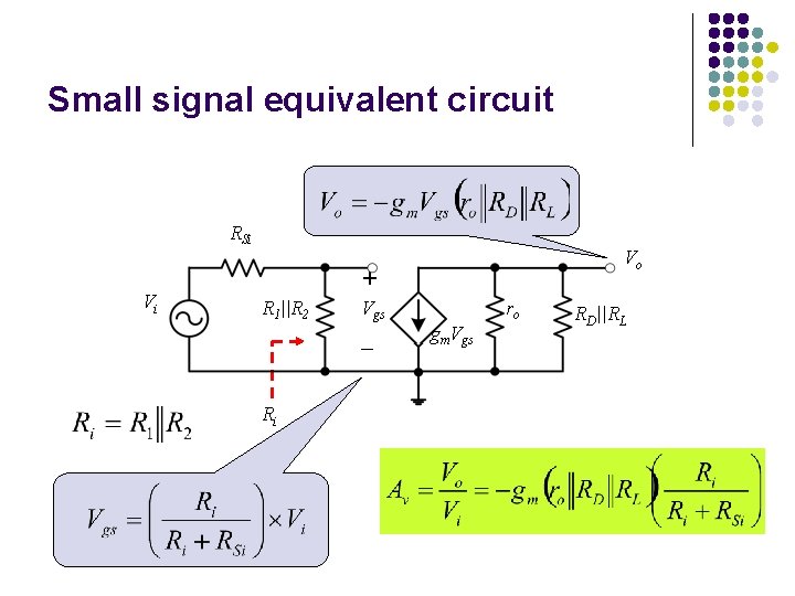 Small signal equivalent circuit RSi Vo + Vi R 1||R 2 Vgs _ Ri