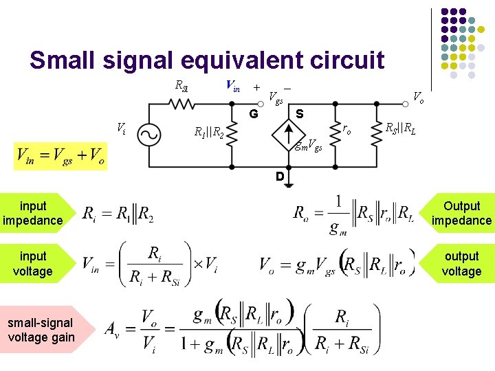 Small signal equivalent circuit RSi Vi Vin + Vgs _ G Vo S R