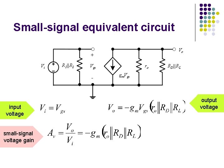Small-signal equivalent circuit Vo + Vi R 1||R 2 Vgs - input voltage small-signal