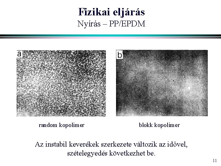 Fizikai eljárás Nyírás – PP/EPDM random kopolimer blokk kopolimer Az instabil keverékek szerkezete változik