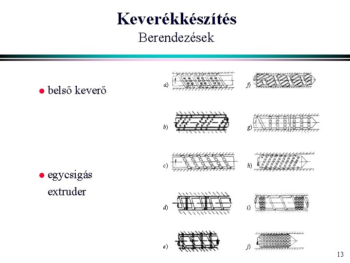 Keverékkészítés Berendezések l belső keverő l egycsigás a) f) b) g) c) h) d)