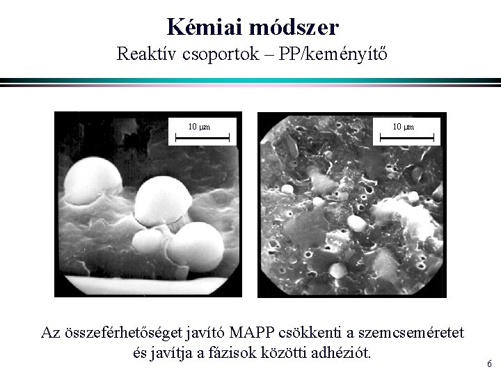 Kémiai módszer Reaktív csoportok – PP/keményítő 10 m Az összeférhetőséget javító MAPP csökkenti a