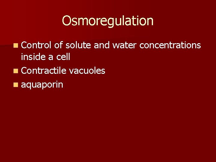 Osmoregulation n Control of solute and water concentrations inside a cell n Contractile vacuoles