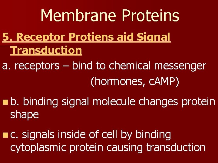 Membrane Proteins 5. Receptor Protiens aid Signal Transduction a. receptors – bind to chemical