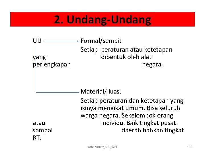 2. Undang-Undang UU yang perlengkapan atau sampai RT. Formal/sempit Setiap peraturan atau ketetapan dibentuk