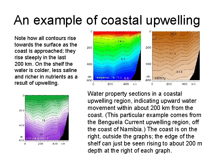 An example of coastal upwelling Note how all contours rise towards the surface as