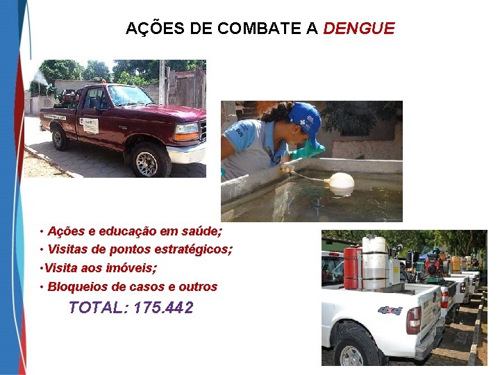 AÇÕES DE COMBATE A DENGUE • Ações e educação em saúde; • Visitas de