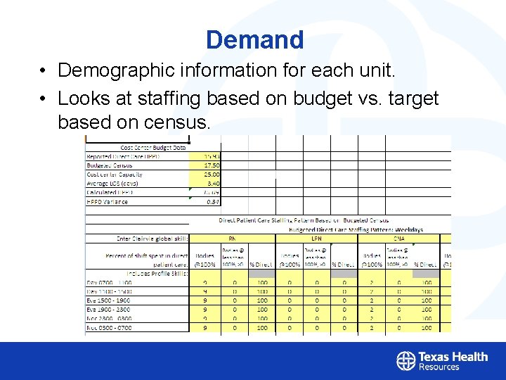 Demand • Demographic information for each unit. • Looks at staffing based on budget