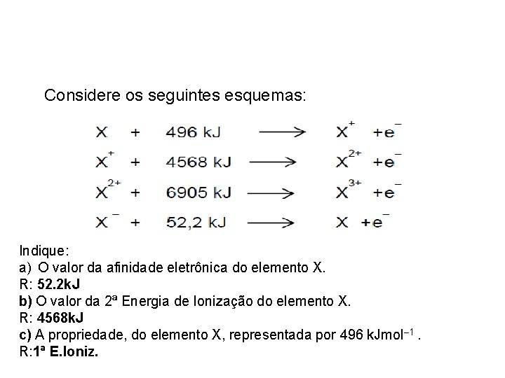 Considere os seguintes esquemas: Indique: a) O valor da afinidade eletrônica do elemento X.