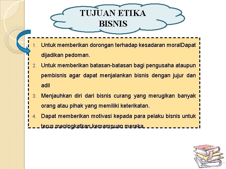 TUJUAN ETIKA BISNIS 1. Untuk memberikan dorongan terhadap kesadaran moral. Dapat dijadikan pedoman. 2.