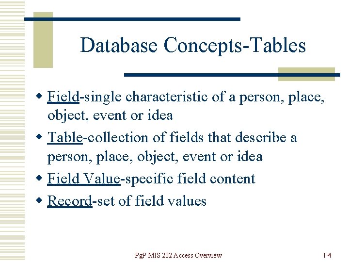Database Concepts-Tables w Field-single characteristic of a person, place, object, event or idea w