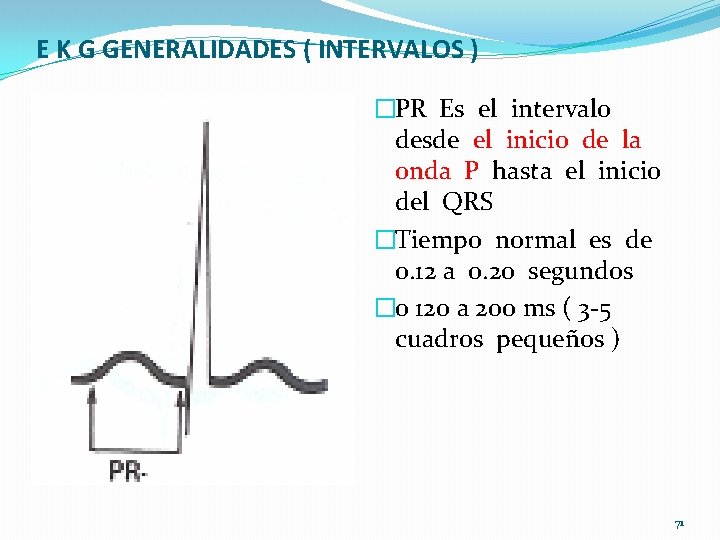 E K G GENERALIDADES ( INTERVALOS ) �PR Es el intervalo desde el inicio