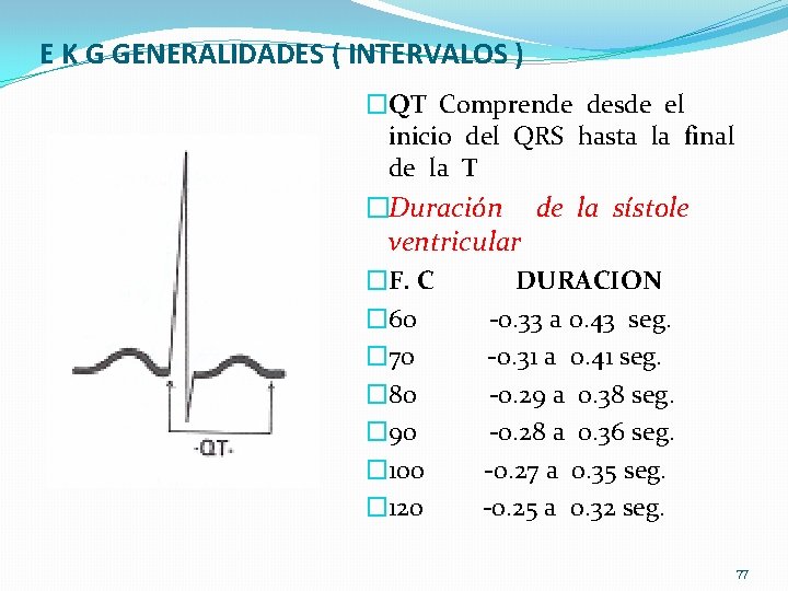 E K G GENERALIDADES ( INTERVALOS ) �QT Comprende desde el inicio del QRS