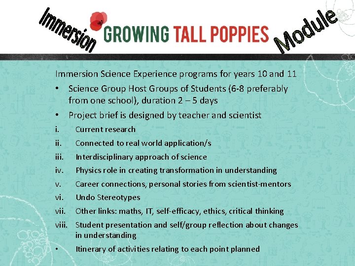 Immersion Science Experience programs for years 10 and 11 • Science Group Host Groups