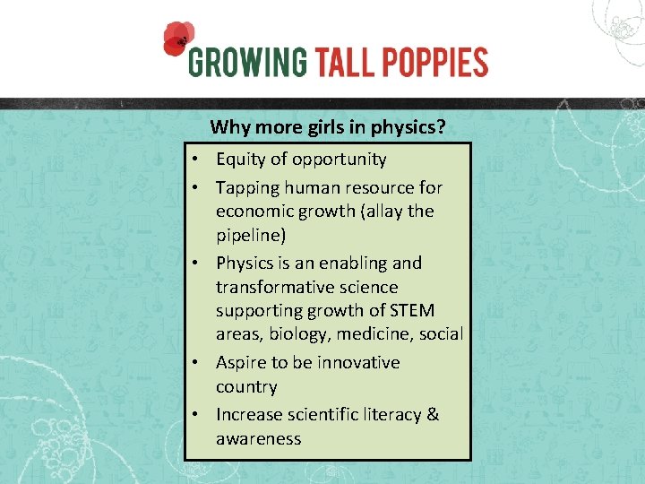 Why more girls in physics? • Equity of opportunity • Tapping human resource for