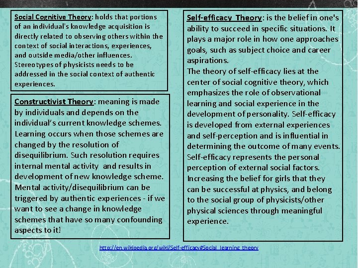 Social Cognitive Theory: holds that portions of an individual's knowledge acquisition is directly related