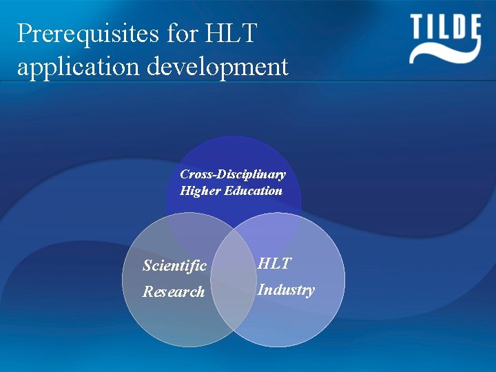 Prerequisites for HLT application development Cross-Disciplinary Higher Education Scientific HLT Research Industry 