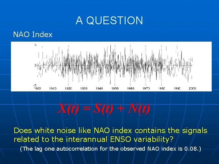 A QUESTION NAO Index X(t) = S(t) + N(t) Does white noise like NAO