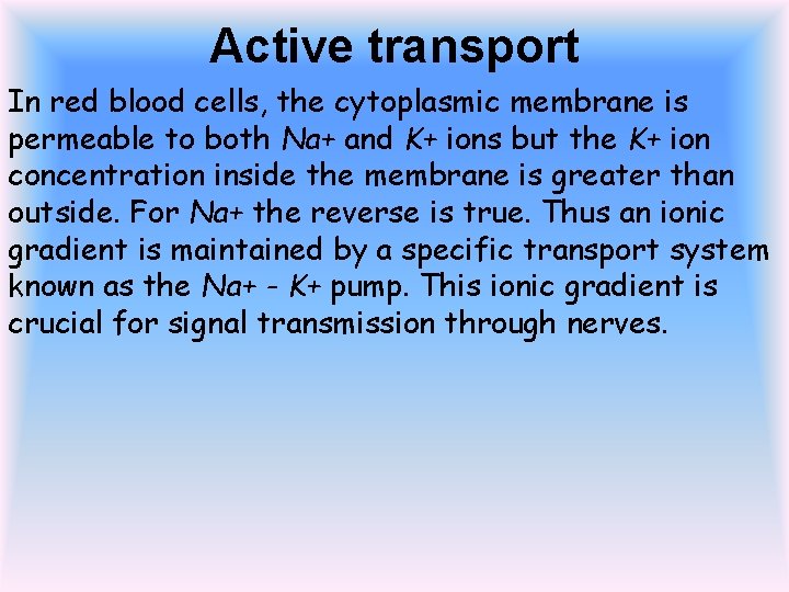 Active transport In red blood cells, the cytoplasmic membrane is permeable to both Na+