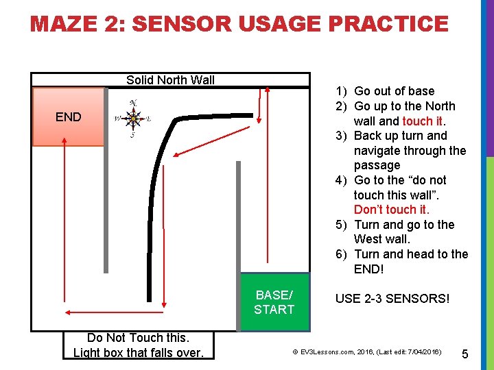MAZE 2: SENSOR USAGE PRACTICE Solid North Wall 1) Go out of base 2)