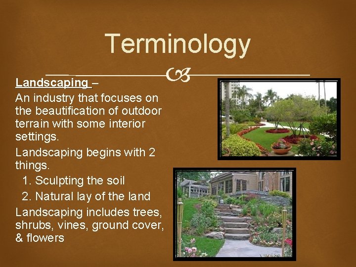 Terminology Landscaping – An industry that focuses on the beautification of outdoor terrain with