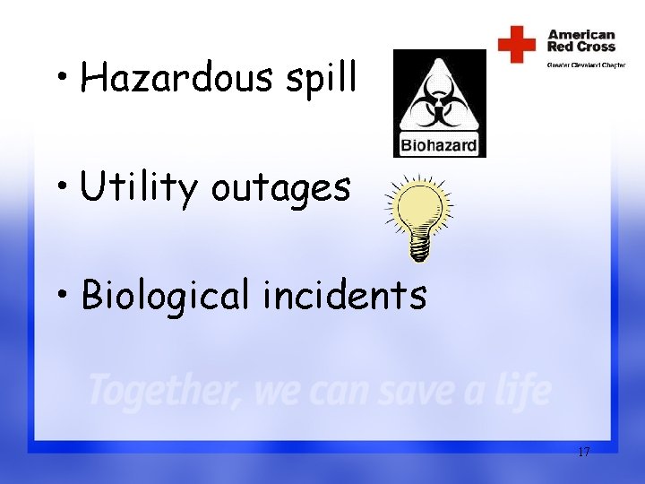 • Hazardous spill • Utility outages • Biological incidents 17 