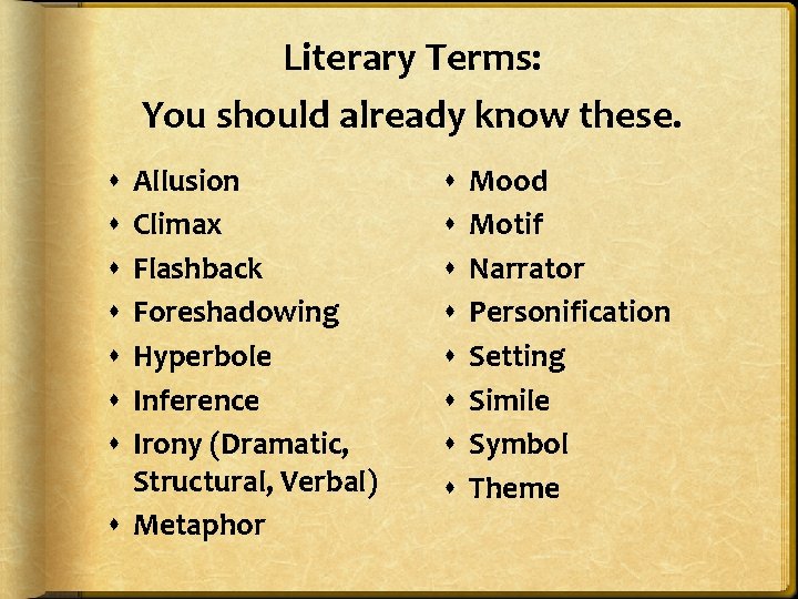 Literary Terms: You should already know these. Allusion Climax Flashback Foreshadowing Hyperbole Inference Irony