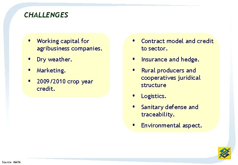 CHALLENGES Working capital for agribusiness companies. Contract model and credit to sector. Dry weather.