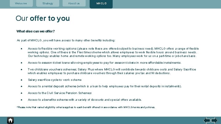 Welcome Strategy About us MHCLG Our offer to you What else can we offer?
