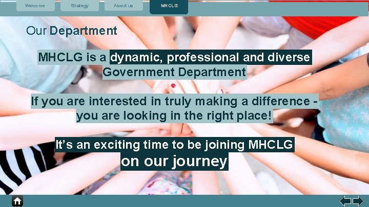 Welcome Strategy About us MHCLG Our Department MHCLG is a dynamic, professional and diverse