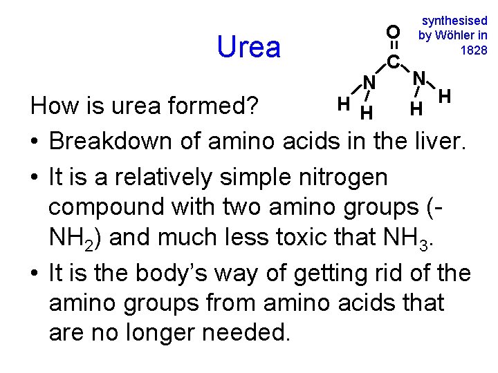 O Urea N C synthesised by Wöhler in 1828 N H How is urea