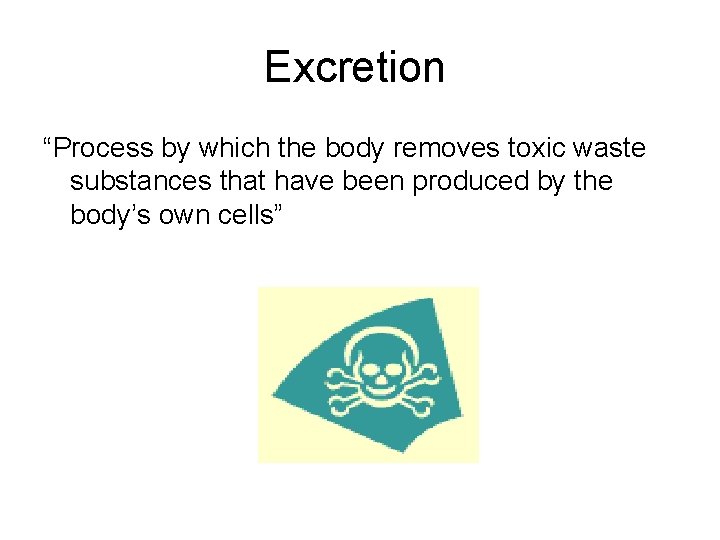 Excretion “Process by which the body removes toxic waste substances that have been produced