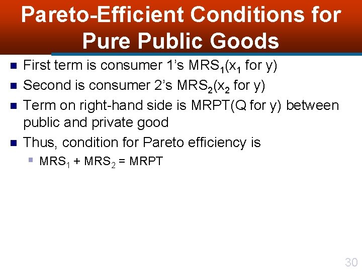 Pareto-Efficient Conditions for Pure Public Goods n n First term is consumer 1’s MRS