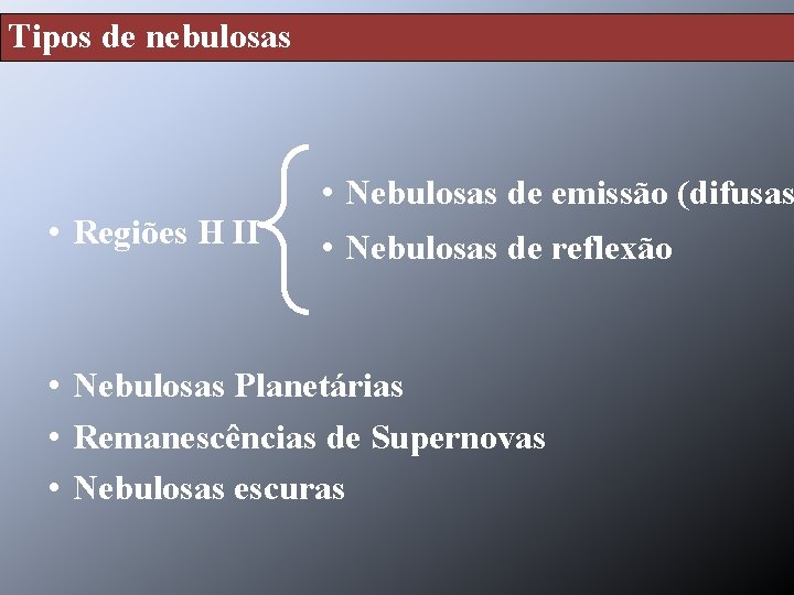 Tipos de nebulosas • Regiões H II • Nebulosas de emissão (difusas • Nebulosas