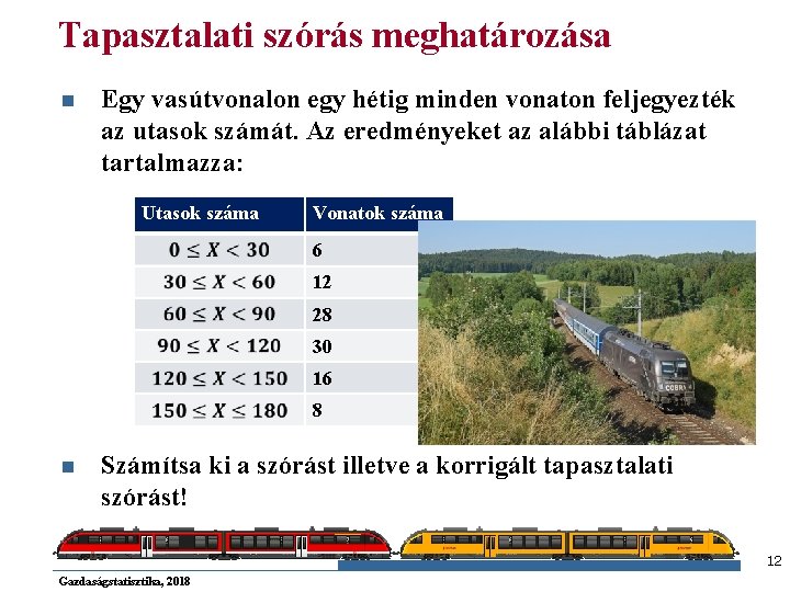 Tapasztalati szórás meghatározása n Egy vasútvonalon egy hétig minden vonaton feljegyezték az utasok számát.