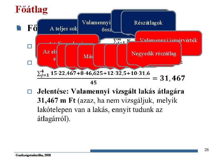 Főátlag n A részsokaságok Valamennyi ismérvérték Részátlagok elemszáma A teljes sokaság összege elemszáma Valamennyi