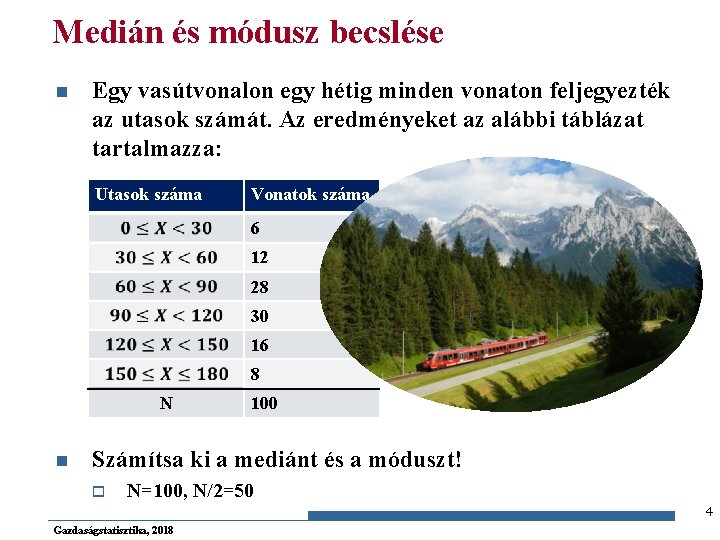 Medián és módusz becslése n Egy vasútvonalon egy hétig minden vonaton feljegyezték az utasok