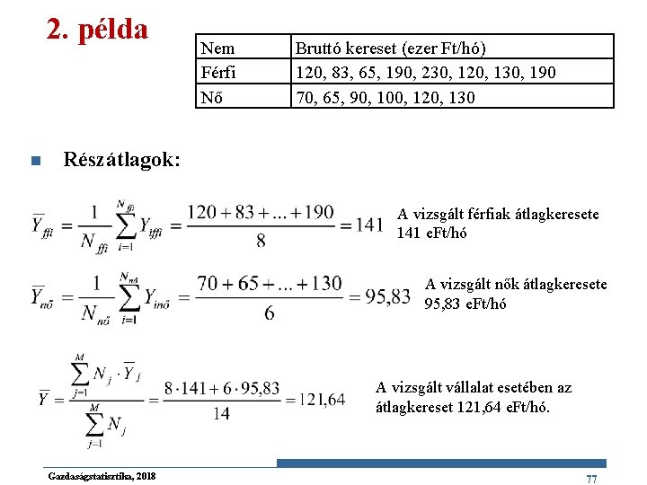 2. példa n Nem Férfi Nő Bruttó kereset (ezer Ft/hó) 120, 83, 65, 190,