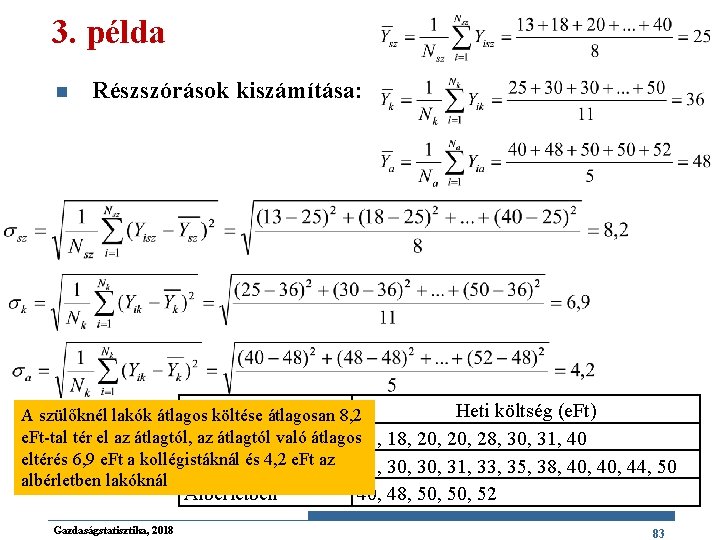 3. példa n Részszórások kiszámítása: Hallgató lakhelye 8, 2 Heti költség (e. Ft) A