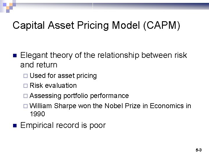 Capital Asset Pricing Model (CAPM) n Elegant theory of the relationship between risk and