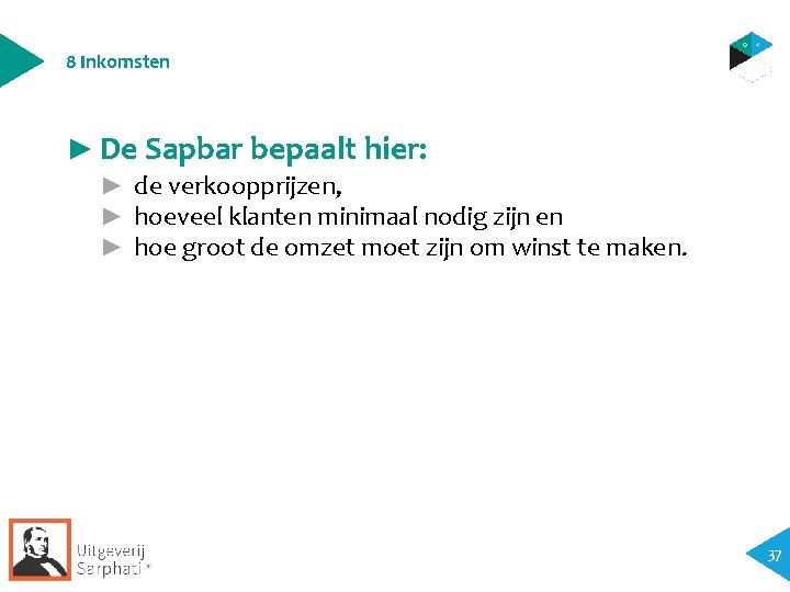 8 Inkomsten ► De Sapbar bepaalt hier: ► de verkoopprijzen, ► hoeveel klanten minimaal